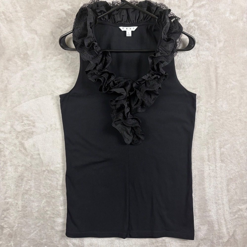 Cabi Womens Black Ruffle Lace V Neck Sleeveless Tank Top Large Romantic Party